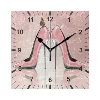 Roz Pantofi Cu Toc Fluture De Imprimare Pătrat Ceas De Perete Tăcut Baterii Agățat Ceas Tăcut Non-Bifarea Ceas De Decor Acasă