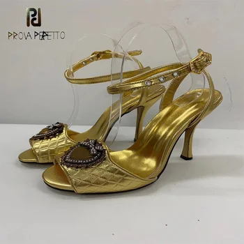 Runda Deget de la picior Toc Stiletto, Sandale cu Aur de Cristal Metal în formă de Inimă Arc Catarama Podium de Moda Sexy Stilet Sandale