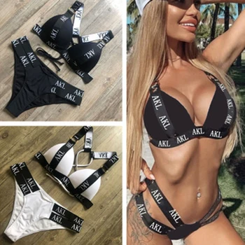 S-X Sexy împinge în sus bikini set Scrisoare de imprimare de costume de baie femei Bandaj negru costume de baie femei Biquini Înot costum de baie Scăldător 2020