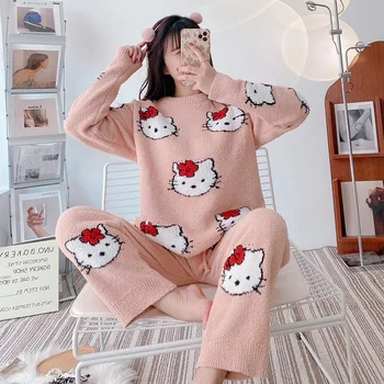 Sanrio Hellokitty Pijamale Femei Toamna și Iarna Haine de Acasă Îngroșat Cald Costum de Lână Cald de Două Bucata Costum de Haine de Acasă