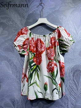 Seifrmann de Înaltă Calitate 2023 Primavara-Vara Femei Designer de Moda Topuri Sexy Slash gât Florale Imprimate Bumbac Pierde T-shirt Tees