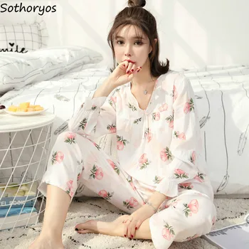 Seturi De Pijama Femei, Cu Maneci Lungi Imprimate Stil Coreean Dulce Proaspăt Toată Lungimea Ins Largi De Moda Confortabil De Sex Feminin Se Potriveste Toamna Noua