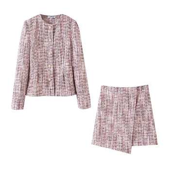 Sexy două piese set pentru femei-tweed set de vacanta tinuta roz top mini-fuste femei 2021 moda Toamna 2 piese fusta set vintage