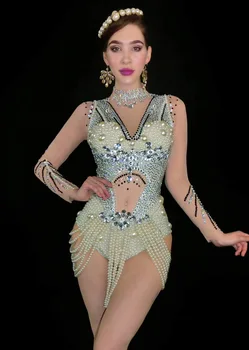 Sexy Mâneci Lungi Stralucitoare Perle Sclipitoare Pietre De Cristal Costume Pentru Femei Club De Noapte Pânză Stadiu De Dans Cantareata Costum