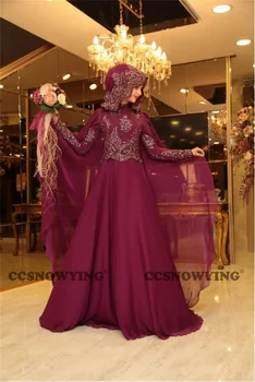 Sifon Elegant Aplicatii Complet Maneca Musulman de Bal Rochii de Seara cu Capul arab Dubai Hijab Formale Rochii de Petrecere Halat De Petrecere