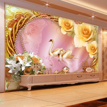 Stil European Flori De Trandafir Swan Tapet De Mătase Living Nunta Casa Decor De Perete De Pânză Romantic Decor Acasă Murale Care Acoperă