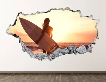 Surf Fata de Perete Decal - Apus de soare pe Plaja 3D a Spart Arta de Perete Autocolant Decor Camera pentru Copii Vinil Acasă Poster Personalizat de Imprimare Cadou KD499
