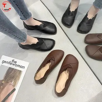 Tghdof din Piele de Moda a Subliniat Toe Vara Pantofi pentru Femei 2022 din Piele cu Toc mic Gol Respirabil Moale Pantofi Plat pentru Femei TGHDOF