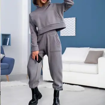 Toamna Iarna Femei Trening Moda Solid Fleece Jachete Feminine Două Seturi De Piese Cald Buzunar Mare Hanorac Pantaloni Lungi Sport Set
