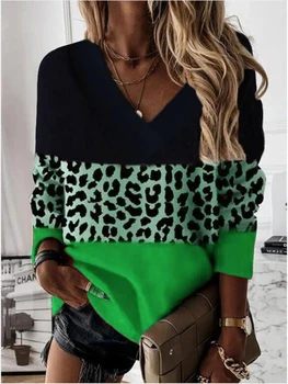 Toamna Și Iarna Moda pentru Femei de Imprimare Leopard de Imprimare Împletit Tricou cu Mâneci Lungi de Top Casual Pierde Vneck Femeie Nou Hanorac de Sus