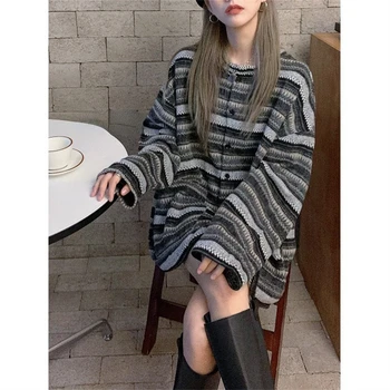 Toamna Și Iarna Noi Gât cu Dungi Tricotate Casual Cardigan Femei coreeană Stil Preppy Pierde Toate-meci Pulover