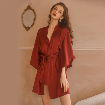 Tonlinker Sexy Din Satin Pentru Femei Haină Lungă Pijama Rochie Roșie De Lux Dantelă Sleepwear Kimono V Gât Rochie De Noapte Cu Halat De Baie Și Haine De Acasă