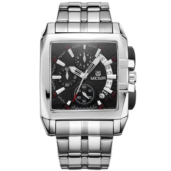 Top Brand de Lux Casual Cronograf Cuarț Ceas de mână pentru bărbați MEGIR Square Mens Ceasuri Noua Moda pentru Bărbați din Oțel Inoxidabil Ceas