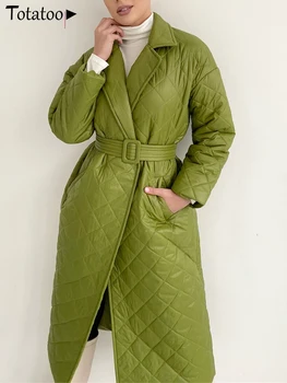 Totatoop Lungi Drepte Lungi De Iarnă Strat De Bumbac Femei Model Romb Casual Buzunar Eșarfe Parka Adaptate Stil Coreean Palton