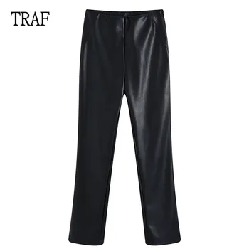 TRAF 2021 PU Piele Femei Pantaloni de Moda Flare Negru Pantaloni Femeie de Talie Mare Femeie Pantaloni Stil coreean cu Fermoar Lateral Streetwear
