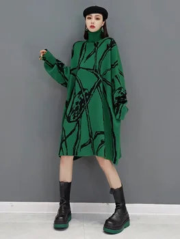 Tricotat Rochie De Imprimare 2023 Primăvară New Sosire Moda Temperament Casual, Guler Maneca Lunga Liber Coreea De Femei