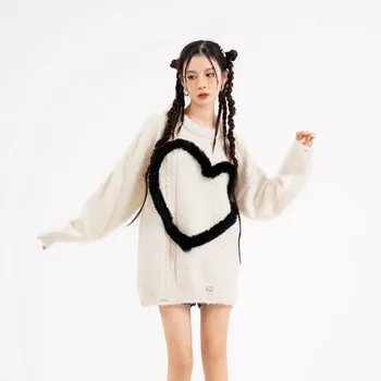 Tricotate Inima Amuzant Drăguț Pulover Supradimensionat pentru Femei Streetwear Haine de Iarna Femei 2022 Harajuku Jachete Cuplu de Îmbrăcăminte