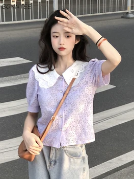 Tricouri Femei Vara Stil Coreean Liber De Moda Peter Pan Guler Mozaic Gol Afară De Proiectare La Modă Estetice Haine De Petrecere A Timpului Liber