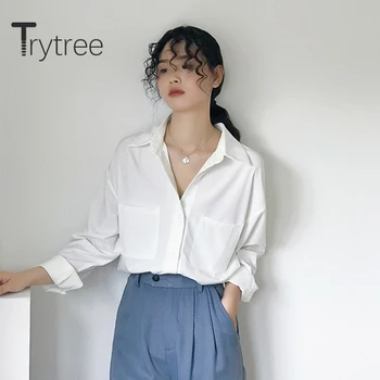 Trytree de Vară 2020 Femei Bluza Casual, Guler de Turn-down Solid Elegant Buzunare Moda Pierde Temperamentul Birou Doamnă Bluza