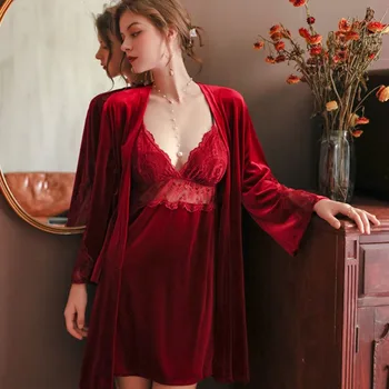Tulin Moda Femeie Sexy Cămașă De Noapte De Catifea Roșie, Halat De Acasă, A Se Vedea-Prin Intermediul Ochiurilor De Plasă Mozaic Rochii De Iarnă 2022 Satin Halat Seturi Negru