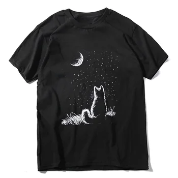 Unisex din Bumbac 100% Luna Pisica Înapoi Art Amuzant Bărbați Îmbrăcăminte Tricou Casual Streetwear Vintage tricou Supradimensionat Noutate Tee