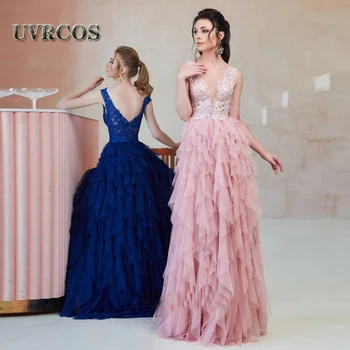 UVRCOS Vintage Roz Rochii de Seara V Gâtului Absolvent Maxi Strat Arabric Dubai Civile Concurs de Petrecere Robe De Soirée Personalizate