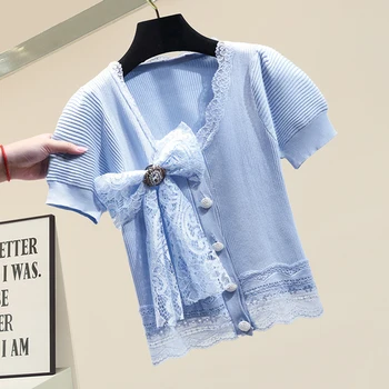 V-gât Lace Împletit Matase de Gheață Tricotate T-Shirt pentru Femei Scurte Sleeveslim Fit Stretch Topuri de sex Feminin 2021 Nou Design Pânză de Vară