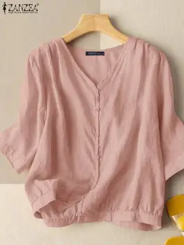 Vara Bluza de Culoare Solidă Pentru Femei ZANZEA Elegant 3/4 Sleeve V-Neck Cămașă 2022 Supradimensionate Vacanță Tunica Topuri Toate se Potrivesc Blusas