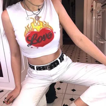 Vara Femeile de Moda Inima în Flăcări Imprimate Trunchiate tricou Femei Sexy Alb Crop Top Strada Croptop Vestă fără Mâneci Topuri