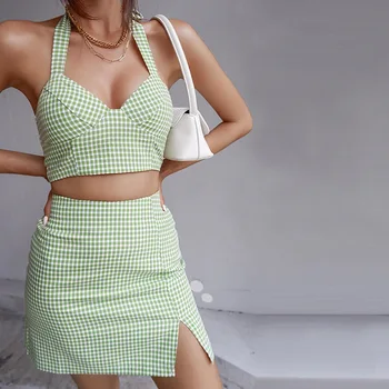 Vara Green Plaid Print Halter Gât 2 Două Bucata Set Pentru Femei De Înaltă Talie Mini Sexy O Fusta Linie Fără Mâneci Y2k Topuri De Cultură 2021 Costum