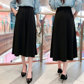Vara Lady Fusta Midi Elastic Talie Mare Plus Dimensiune Versiunea coreeană Stil de Moda Frumos Negru-linie Naveta Fusta #09005