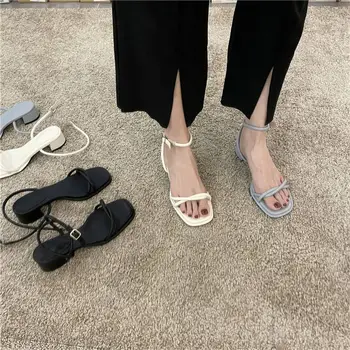 Vara Noi 2022 Femei Sandale Deget de la picior Pătrat Grace Catarama Nunta Femeie Tocuri Curea Glezna Solid Casual Pantofi pentru Femei