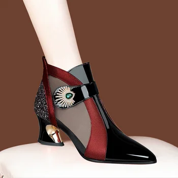 Vara ochiurilor de Plasă Respirabil Sandale cu Stras Decorare în Formă de Tocuri Retro Stil Britanic Sandale Cizme din Piele pentru Femei