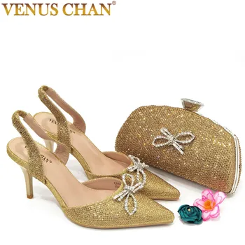 Venus Chan 2023 Nou la Modă Subliniat Toe Doamnelor Sandale Pantofi de Potrivire Set de Sac de Culoare de Aur Pentru Femei Nigerian Nunta