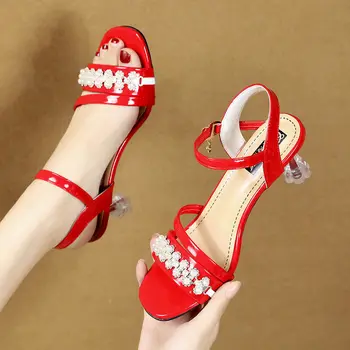 Versiunea coreeană 2022 Nou Sandale de Vara pentru Femei Mid-toc Stiletto Stras-Un singur cuvânt Cataramă Moda All-meci Open-toe Sandale