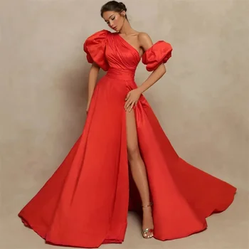 Vestido de Formatura Roșu Rochii de Bal Lungi 2023 Maneca Scurta din Satin Concurs de Petrecere, Rochii Split de Seară Un Umar Rochii Formale