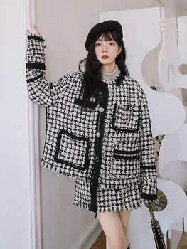 Vintage Carouri Tweed Sacou si Fusta Două Bucata Set 2022 Toamna Femei Elegante coreean Liber Casual Haine-linie Fuste Mini F072