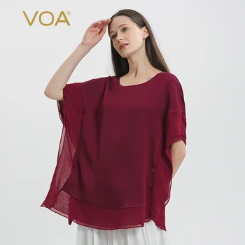 VOA 40 Momme față-verso Satin Roșu de Mătase de Dud Femeie Tricouri Îmbinat Georgette de Matase Maneca Dolman O-neck Silk T-shirt BE1099