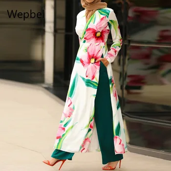 Wepbel Musulman Dantela-up Costum Maneca Lunga Halat Dubai Moda Halat Femei Simple, Pantaloni Largi cu Talie Înaltă Musulman Seturi Abaya Utilaje