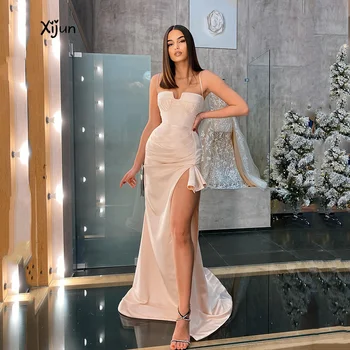 Xijun Elegant Bej Sirena Rochii De Bal Curea De Spaghete Barca Gât Rochii De Seara Femei Side Split Fără Mâneci Vestidos De Gala