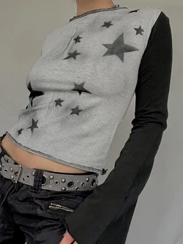 Y2k Topuri cu Maneci Lungi pentru Femei Adolescenti Goth Grunge Top Vintage Star Graphic Tee ' 90 00s Zână E-fata Estetice T-Shirt