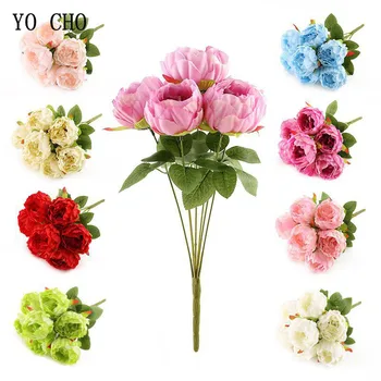 YO CHO 5Heads/ Buchet de Mătase Artifcial Bujor Flori Buchet de Nunta Decor Alb Peong Trandafir Roz Afișare Acasă Fals Flori de Bujori