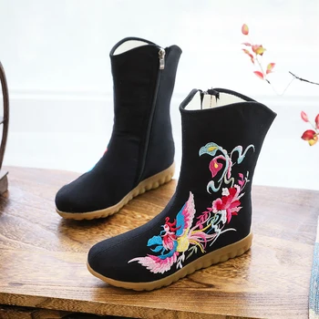 YRZP Doamnelor Chineză Păsări Brodate Pantofi de Toamna si Iarna Căptușeală Lână Cald Femei Negru Tesatura de Bumbac Scurt Glezna Cizme