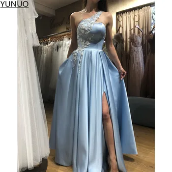 YUNUO Un Umăr Satin a-line Rochii de Bal pentru Femei Cer Albastru Partea de Fantă Paiete de Seara Formale Rochii de robe de soirée Lungime Completă