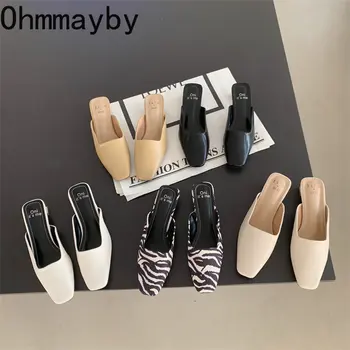 Zebra Femei Catar Papuci Fashion Square Toe Cu Toc Mic Doamnelor Alunecare Pe Slide-Uri Pentru Femei Pantofi Casual Flip Flops