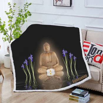 Zen Abstract de Un Buddha Pături pentru Pat Lily și Albastru Iris Flori Sherpa Pătură Fundal Negru lenjerie de Pat Pătură de Blană