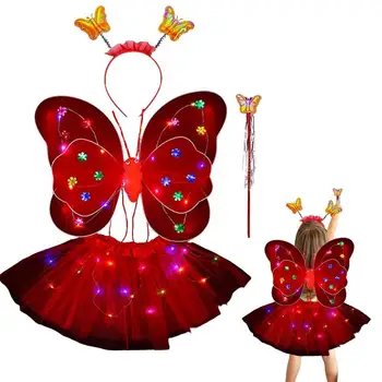 Zână Costum de Prințesă Zână Fata Set Costum Cu Aripi de Fluture de Lumină LED Ridica Bagheta Si Cordeluta Set Costum Pentru Fete Dress Up
